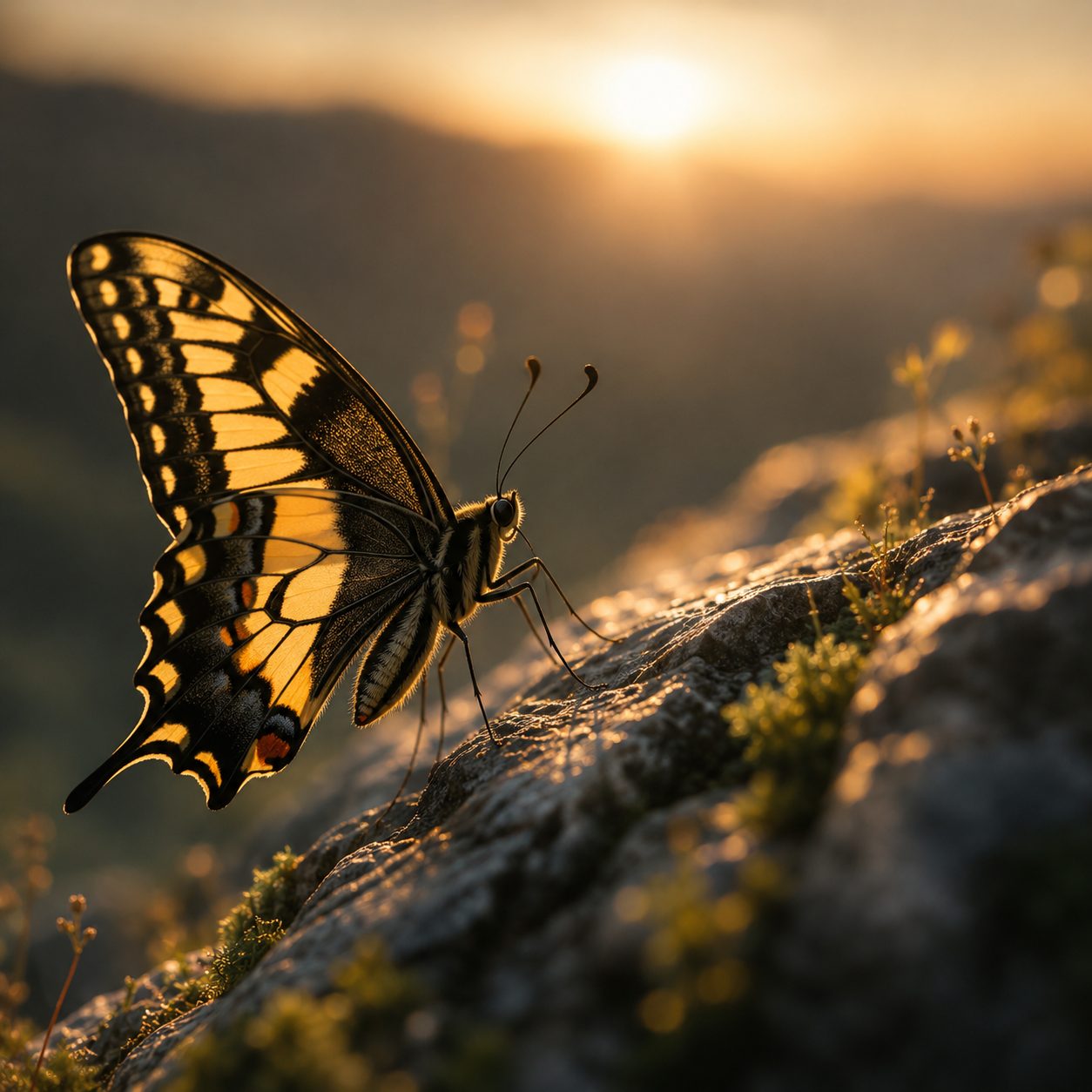 A swallowtail butterfly resting on a rock at sunrise