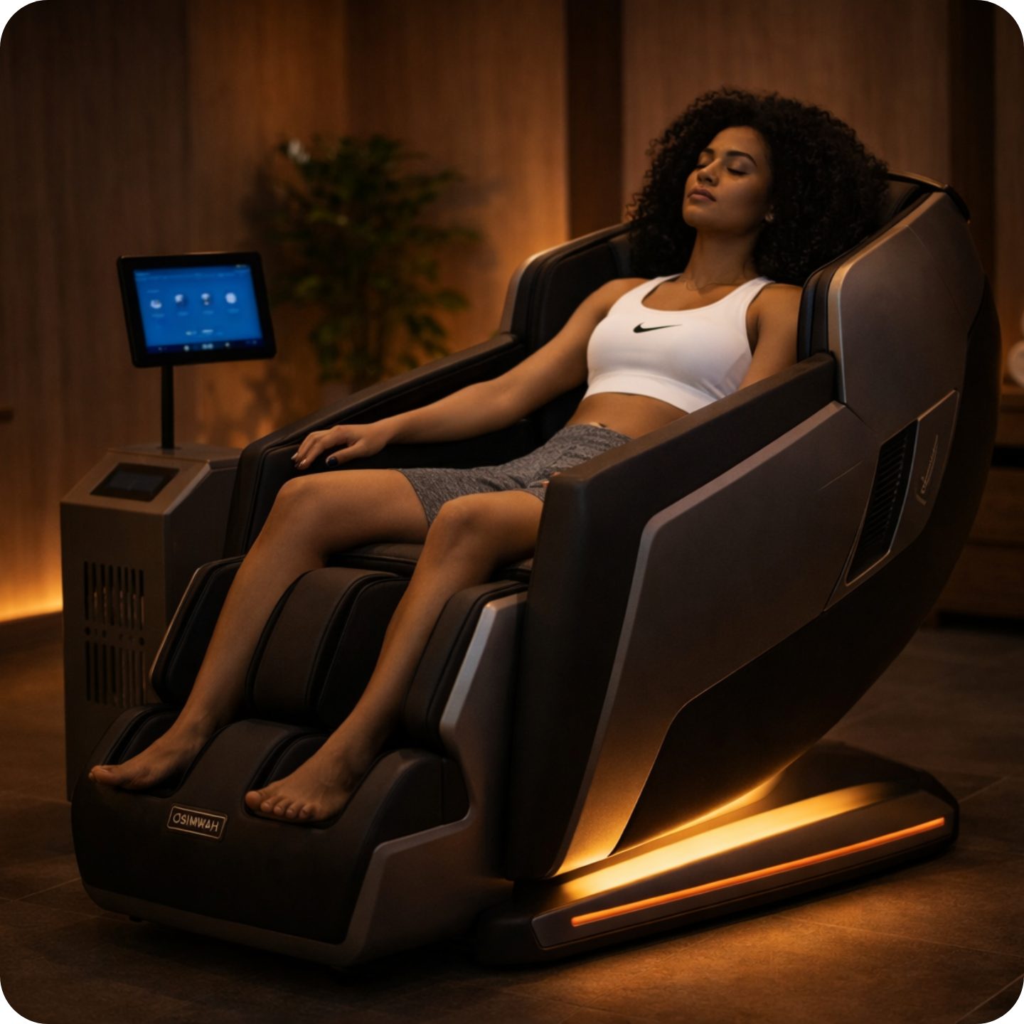 A client relaxing in the contrast therapy recliner with its control screen beside her