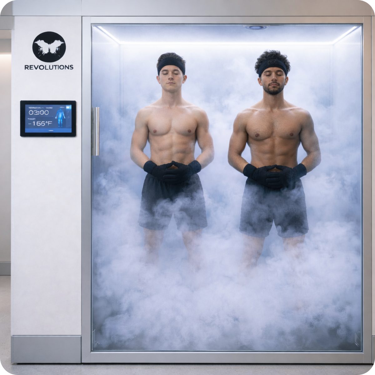Two clients standing in the Revolutions cryotherapy chamber