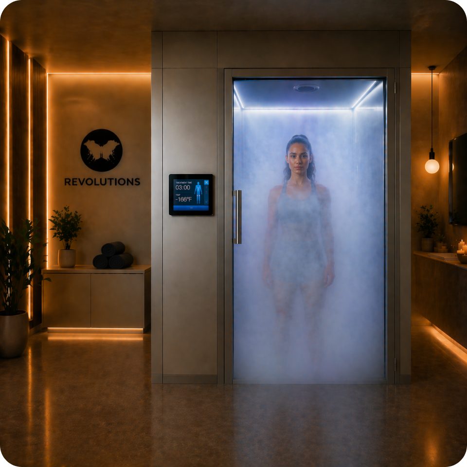 A client standing in the Revolutions cryotherapy chamber surrounded by cold mist