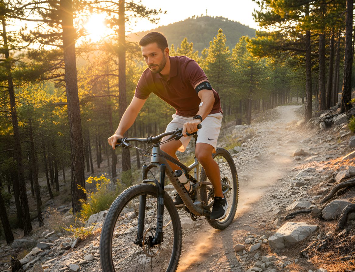 A mountain biker riding a forest trail at sunset