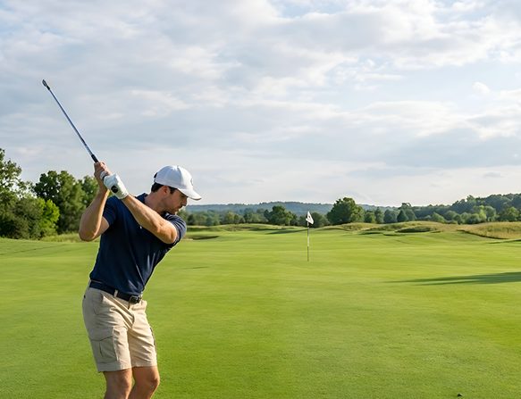 A golfer mid-swing on a sunlit course