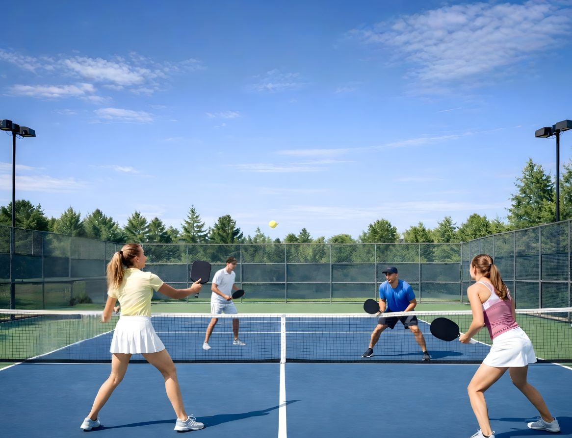 Four friends playing pickleball on an outdoor court