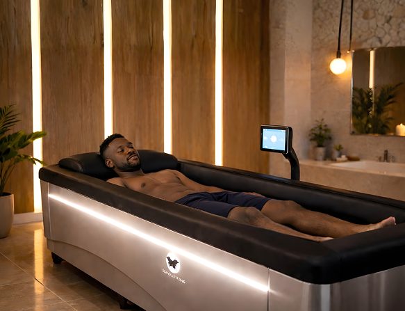 A client relaxing on the dry hydrotherapy massage bed
