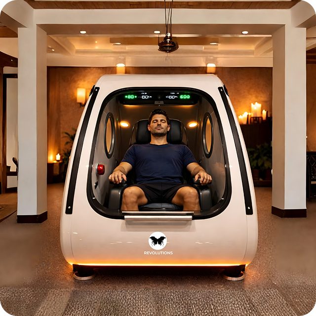 A hyperbaric oxygen chamber with its door open in a warmly lit room