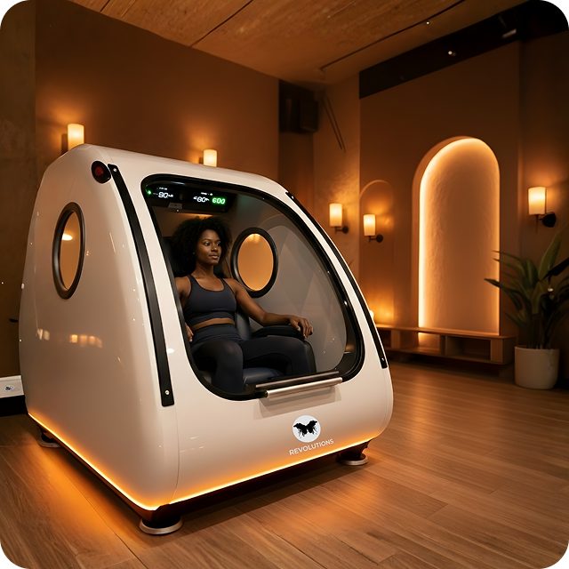 A client seated in a mild hyperbaric oxygen chamber at Revolutions