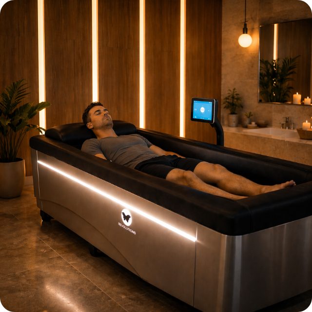 The dry hydrotherapy massage bed in a warmly lit treatment room at Revolutions