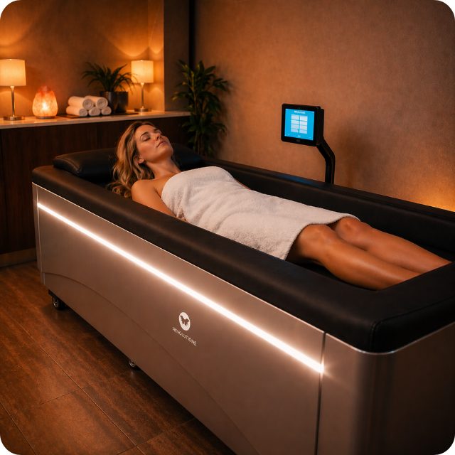 A client lying fully clothed on the dry hydrotherapy massage bed