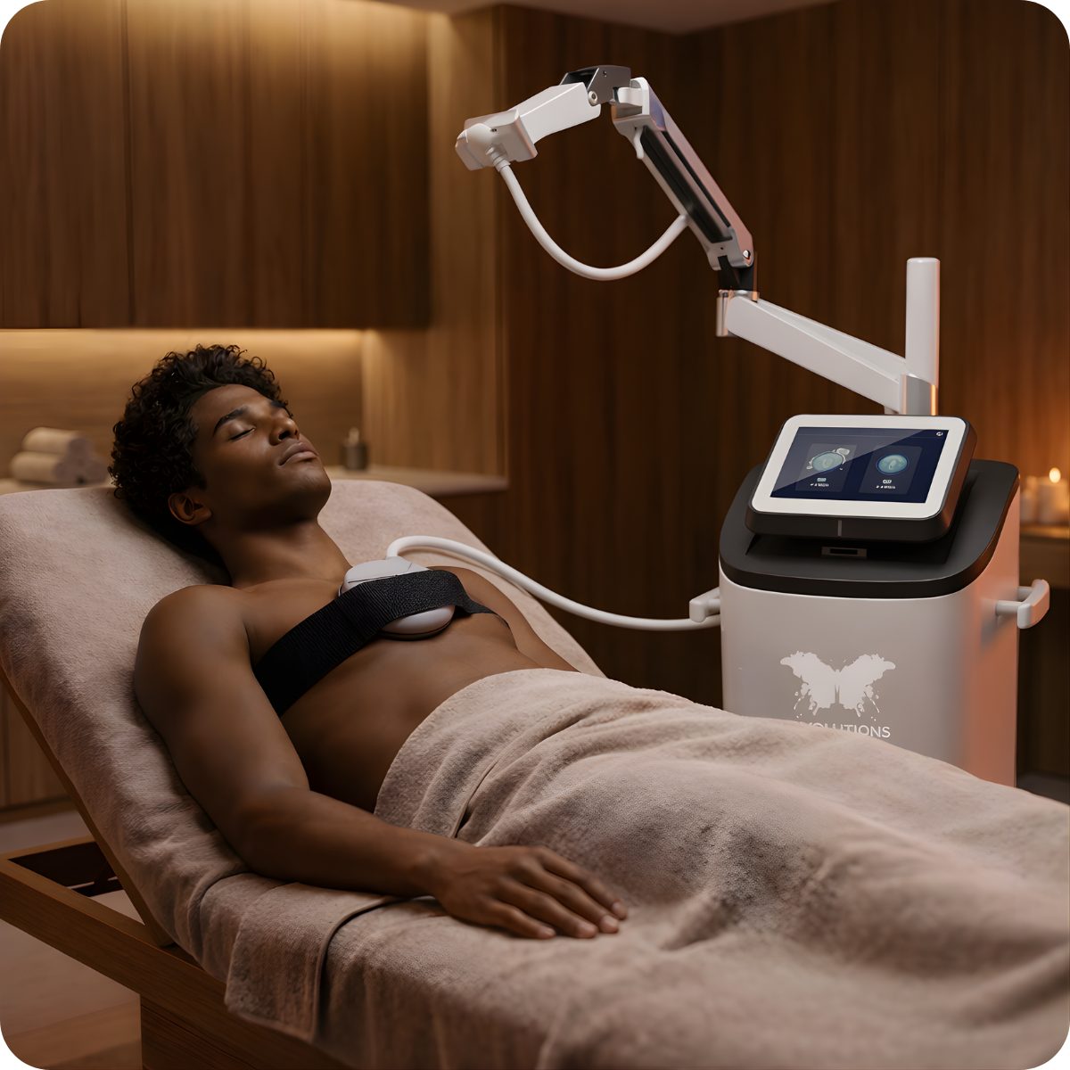 A client lying on a treatment table during PEMF therapy