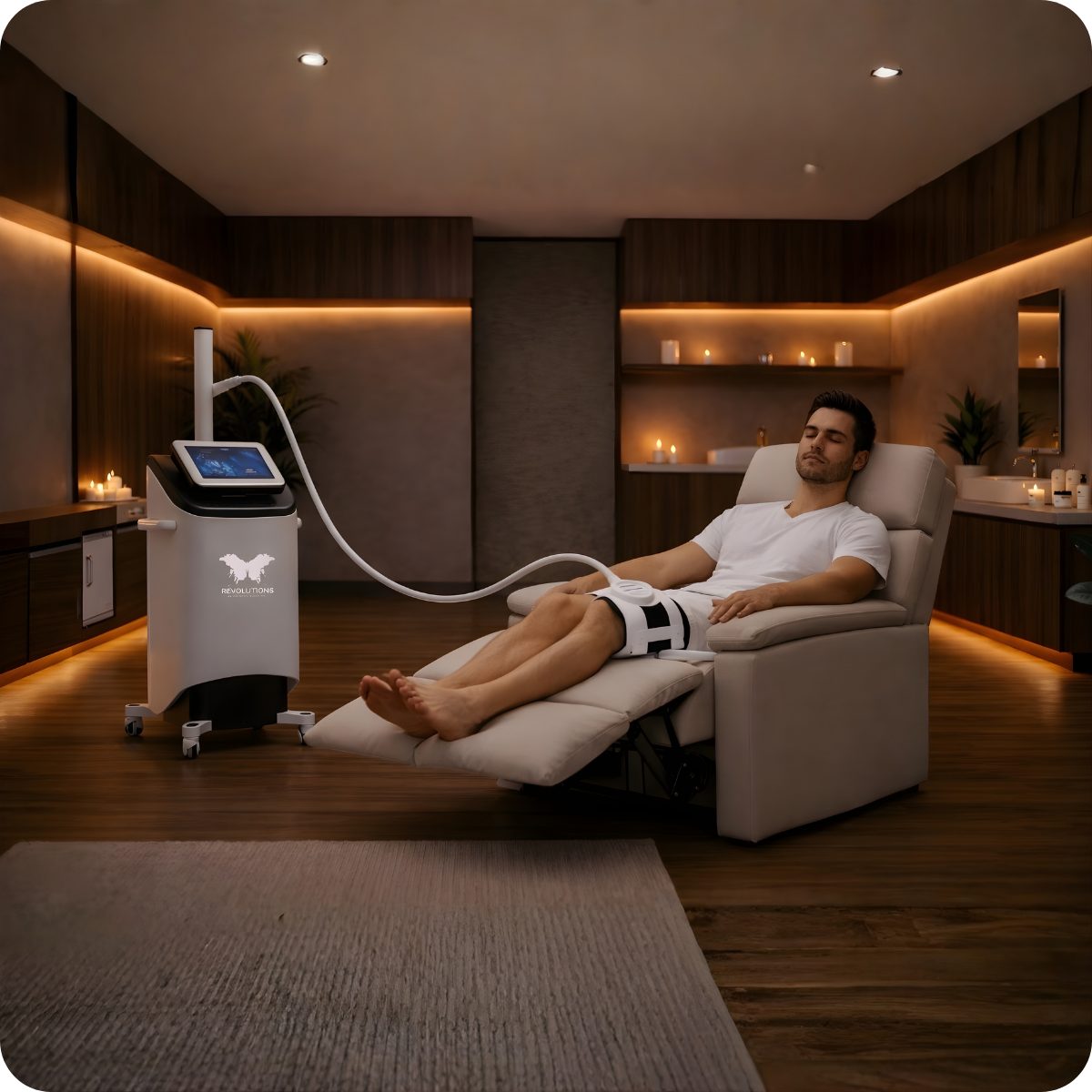 A client reclining during a PEMF therapy session with the applicator over his knee